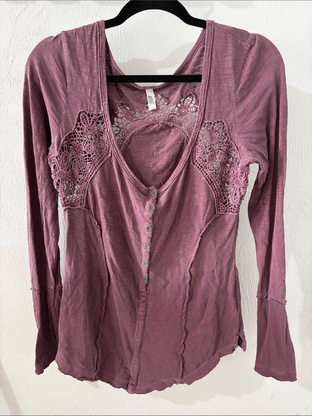 Free People Dusty Mauve Crochet-Panel Long Sleeve Henley